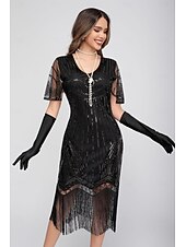 preiswerte 1920er Kleider-Goldene Zwanziger 1920er Knielang Flapper Kleid Kurze Ärmel Der große Gatsby Pailletten Fransen V Ausschnitt Kostüm Damen Weihnachten Karneval Flüsterkneipe Maskerade Retro-Mottoparty Erwachsene