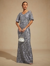 economico Abiti con paillettes-Per donna Abito maxi Tubino Abito a sirena Elegante Spalle scoperte Festa serale Paillettes Pizzo Ricamato Vestibilità regolare Floreale Mezza Manica Scollo a V Grigio