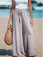 preiswerte weites Bein und hohe Taille-Damen Hose Sommerhose Baggy-Hosen Urlaub Mode Basic Volle Länge Hohe Taille Kordelzug Elastischer Bund Weites Bein Komfort Leicht Weich Unelastisch Strand Straße Lässig Hellgelb Schwarz Rosa Leicht