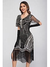 preiswerte 1920er Kleider-Goldene Zwanziger 1920er Knielang Flapper Kleid Kurze Ärmel Der große Gatsby Pailletten Fransen V Ausschnitt Kostüm Damen Weihnachten Karneval Flüsterkneipe Maskerade Retro-Mottoparty Erwachsene