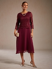  Dámské Midi šaty Áčkové šaty Elegantní Večerní oslava Svatební host Krajka Běžný Pevná barva 3/4 délka rukávu Tričkový Fialová