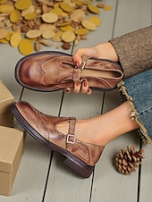 billiga Platta damskor-Bruna damskor i konstläder med brogue-detaljer, Mary Jane-skor, klassisk och bekväm stil, perfekta för arbete, vardagsutflykter och vardagsbruk.