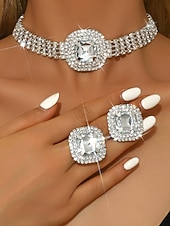 ieftine Colier de damă-Set de bijuterii din cristal pentru femei - colier tip choker cu strasuri strălucitoare și inele statement pentru petrecere, banchet de seară sau ocazii speciale