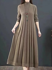 preiswerte Pulloverkleider-Damen Pullover Kleid Elegant Lässig Weich Einfarbig Gerippt Rollkragen Gestrickt Langarm Lange Oberteile Stricken Outdoor Täglich Wochenende Blau Schwarz Herbst Winter