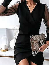 ieftine rochie mini neagra-Pentru femei Rochie Mini Rochie neagra Rochie teacă Modă Modern Concediu Dată Ieșire Fit regulat Simplu Manșon Lung În V Negru Primăvară Toamnă