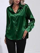 abordables Blouses Unies-Femmes Chemise Elegant Haut en satin Chemisier Boutons Uni Élégant ancien manche longue Col de chemise Hauts Réguliers Fête Sortir Jaune Rouge Bleu Roi Rose Gris Été Printemps