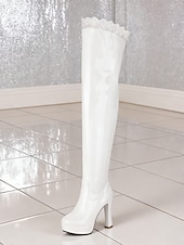 economico Stivali a piattaforma-stivali sopra il ginocchio in vernice da donna - stivali alti fino alla coscia con plateau e tacco alto e rifiniture in pizzo, calzature sexy per la sera, feste e abbigliamento da discoteca