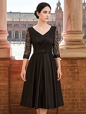 billige Te Lengde-A-Line Te Lengde Festkjole Cocktailkjole Bryllupsgjesterkjole Mor til bruden kjole 3/4 Lengde Ermekraft Crew Neck Elegant Vintage Fest med Blonder Folds