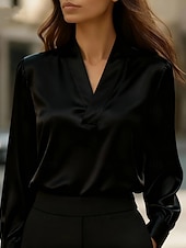 cheap Dressy Blouses-Women's Shirt Elegant Dressy Satin Top Daily V Neck Regular Tops Black White Pink Khaki Fall