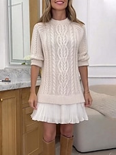 preiswerte Pulloverkleider-Damen Pullover Pullover Kleid Elegant Lässig Weich Einfarbig Gerippt Rundhalsausschnitt Patchwork Gestrickt Langarm Lange Oberteile Stricken Outdoor Täglich Wochenende Schwarz Rosa Herbst Winter