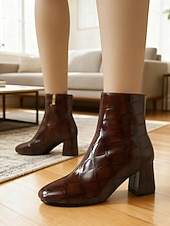 levne Kotníkové boty-Dámské kotníkové boty z vínové kůže s krokodýlím potiskem, blokovým podpatkem a zapínáním na zip – elegantní hranatá špička pro každodenní nošení i do kanceláře