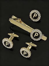 Недорогие Свадьба ACC-Комплект из мужского зажима для галстука, запонок и булавки для лацкана из сплава – элегантный черно-золотой дизайн с кристаллами, персонализированный 26 инициалами, идеальный подарок для официальных мероприятий и делового дресс-кода