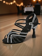 abordables Zapatos de baile latino-Zapatos de baile latino para mujer con pedrería: sandalias profesionales de salón para salsa y tango, con diseño de tiras y tacón alto, ideales para competición o actuaciones.