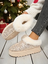 economico Stivali di neve e inverno-stivali da neve da donna con paillettes rosa e colletto in pelliccia sintetica: stivaletti invernali scintillanti alla moda per un comfort casual