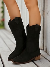 tanie Kowboj i zachodnie buty-jasnobrązowe kowbojskie buty damskie w stylu western – buty kowbojskie do połowy łydki na grubym, klockowym obcasie, idealne na festiwale muzyki country, rodeo i modę jesienną