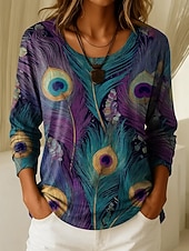 economico T-shirt floreale-Per donna Maglietta Stampato Floreale Grafico Piante Moda Casual Manica Lunga Girocollo Top Regolari Quotidiano Weekend Blu Rosa Viola Autunno Inverno