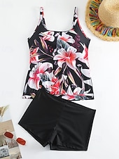 tanie Tankini-Damskie Stroje kąpielowe 2 szt Krótkie spodnie Kostium kąpielowy Odkryte plecy Urlop Stroje plażowe Kwiaty Dekolt w kształcie litery U Bez rękawów Kostiumy kąpielowe
