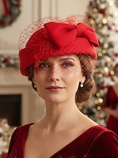 Недорогие Рождественские аксессуары-женская рождественская шапка из искусственной шерсти, с бантом и сеткой, несколько цветов для праздничных мероприятий, идеально подходит для торжеств и зимней моды