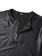 abordables camisetas basicas-Camiseta de piel sintética para hombre, manga larga, cuello redondo, ideal para invierno y primavera. &amp;Camiseta negra informal de punto de color liso para hombre, ideal para otoño y todas las