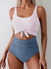 preiswerte Einteilige Badeanzüge-Damen Einteiler Badeanzug Sexy Cutout Monokini Bauchkontrolle Hohe Taille Slim Rückenfrei Urlaub Strandbekleidung Polka Dot Farbblock U-Ausschnitt Ärmellose Bademode