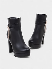 お買い得  プラットフォームブーツ-ラインストーンのディテールが施されたレディースのブラックアンクルブーツ。フォーマルなシーン、パーティー、夜のお出かけにぴったりのシックなイブニングスタイルのプラットフォームブーツ。