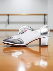 baratos Ténis de Dança-Sapatos de dança de salão femininos prateados com cadarço - sapatos confortáveis de salto baixo para prática de dança latina, salsa, tango e apresentações de palco.