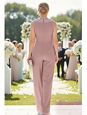 cheap Mom's Jumpsuits-3 Piece Pantsuit Floor Length Mother of the Bride Dress Sleeveless Long Sleeve Crew Neck Elegant Formal Wedding Guest Chiffon Satin with Pleats Beading
