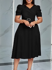 رخيصةأون فستان ميدي أسود-نسائي فستان ميدي فستان اسود فستان الحفلة أنيق موضة الحديث المكتب حفلة كوكتيل عادي سهل كم قصير V رقبة أزرق أسود أحمر أخضر الربيع الخريف الشتاء