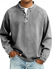 cheap Basic T shirts-Men's T Shirt Henley Shirt 100% Cotton Acid Wash Shirt Tee Top Long Sleeve Plain Vintage Streetwear Casual Washed Raglan Sleeves Stand Collar Henley Casual Home Street Spring Fall Fall &amp; Winter Black