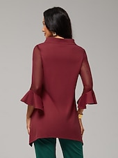 economico camicie, top e camicette-camicetta da donna in chiffon elasticizzato rosso natalizio, patchwork, manica 3/4, scollo a barca, primavera autunno