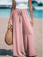 preiswerte weites Bein und hohe Taille-Damen Hose Sommerhose Baggy-Hosen Urlaub Mode Basic Volle Länge Hohe Taille Kordelzug Elastischer Bund Weites Bein Komfort Leicht Weich Unelastisch Strand Straße Lässig Hellgelb Schwarz Rosa Leicht