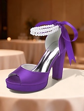 baratos Sandálias de Plataforma-Sandálias femininas de salto alto plataforma em cetim roxo com tira de pérolas no tornozelo - sapatos de festa glamorosos de bico aberto para eventos noturnos, casamentos e coquetéis.