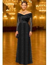 cheap Sheath Evening Dresses-Sheath Column Floor Length Beaded Eembroidered Formal Dresses Mother of the Bride Dress Evening Gown Elegant Glittering Celebrity Style Sleeveless Off Shoulder Garden Party Wedding Lace Stretch Satin
