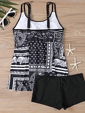 رخيصةأون مايوهات تانكيني-بدلة سباحة نسائية تانكيني قطعتين شورتات تحكم في البطن عالية الخصر نحيف بدون ظهر ملابس شاطئ إجازة مزينة بأنماط بيزلي برقبة على شكل حرف U بدون أكمام
