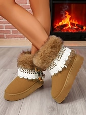 billige Snow &amp; Winter Boots-Brune, koselige støvletter med fuskepelsfôr og heklede detaljer til dame – uformelt vintersko med perledetaljer og mykt plysjfôr, perfekt til jul, høytidsgaver og uformelle vinterturer.
