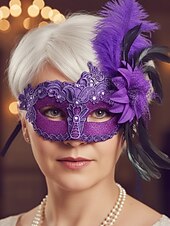 baratos Acessórios de Máscara-Máscara feminina de renda com penas para baile de máscaras - máscara elegante estilo vintage para festas, com flor amarela e pérolas, ideal para bailes de máscaras, formaturas ou festas à fantasia.