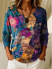 preiswerte Boho-T-Shirt-Damen T Shirt Druck Grafik Geometrisch Pflanzen Vintage Stilvoll Lässig Langarm Rundhalsausschnitt Normale Oberteile Täglich Wochenende Blau Schwarz Wein Purpur Frühling Herbst Winter