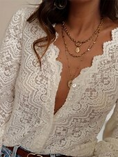 ieftine Topuri din dantelă-Pentru femei Bluză Varful ochiului Topuri imbracate Topuri din dantela Zdrobit Dantelă Decupată Simplu Elegant Epocă femei Manșon Lung În V Topuri obișnuite Zilnic Muncă Concediu Caisă Primăvar