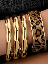 voordelige Damesarmband-Dames manchetarmbanden met luipaardprint in goudkleurige legering – set van 4, stijlvol dierenprintontwerp, perfect voor casual en avondkleding