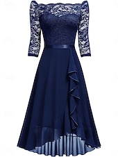 tanie Prosta sukienka-Damskie Sukienka midi Sukienka A line Sukienka z falbanami Elegancja Impreza koktajl Na zewnątrz Impreza Gość weselny Koronka Niejednolita całość Szczupła Jednokolorowe Rękaw 3/4 Z odsłoniętymi