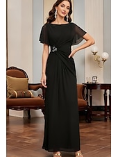 billige Gulvlengde-A-Line Ankle Length Party Dress Cocktail Dress Wedding Guest Dress Mother of the Bride Dress Short Sleeve Crew Neck Elegant Minimalist Formal Wedding Guest Chiffon with Ruched Crystals Solid Color
