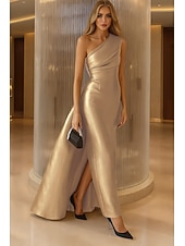 cheap Ball Gown Evening Dresses-Mermaid Trumpet Floor Length Evening Gown Elegant Glittering Celebrity Style Sleeveless One Shoulder Garden Party Wedding Satin with Pleats Ruched Overskirt