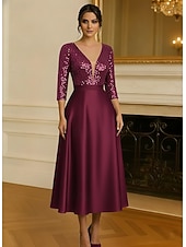 cheap Cocktail Dresses-A-Line Tea Length Cocktail Dresses Party Dresses Flared Dress Elegant 3/4 Length Sleeve V Neck Garden Party Wedding Satin with Sequin