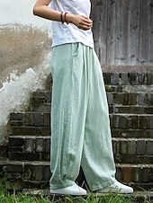 voordelige Damesbroeken en rokken-Dames Imitatie katoenlinnen Broek Zomerbroek Wijde broek Vakantie Vintage Etnische stijl Volledige lengte Hoge taille Inelastisch Strand Straat Causaal Bean Green Ruwe hennep kleur Zwart Marineblauw