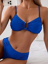 economico Bikini-Costume da bagno due pezzi bikini da donna con arricciature perizoma con ferretto slanciato controllo della pancia vita alta senza schienale abbigliamento da spiaggia per le vacanze colore solido