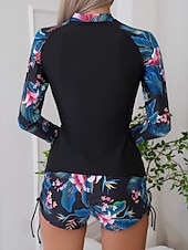 Недорогие Танкини-Женский танкини из 2 предметов купальник с молнией спереди пальмы шорты контроль живота высокая талия узкий спина без бретелек пляжная одежда цветочный листья высокий вырез длинные рукава