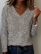  Noël Femmes Chemisier Paillettes Couleur Unie Élégant Basique Occasionnel manche longue Col en V Hauts Réguliers Quotidien Argent Noir Rouge Vert Printemps Automne Hiver