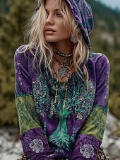 economico Top Viking-Per donna Felpa con cappuccio Patchwork Stampato Tasca Frontale Grafico Paisley Vintage Casual Boho Manica Lunga Con Cappuccio Top Regolari Streetwear Abbigliamento Quotidiano Viola chiaro Viola Cachi