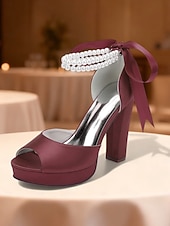 baratos Sandálias de Plataforma-Sandálias femininas de salto alto plataforma em cetim roxo com tira de pérolas no tornozelo - sapatos de festa glamorosos de bico aberto para eventos noturnos, casamentos e coquetéis.