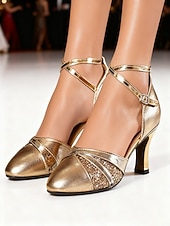 preiswerte Lateinamerikanische Schuhe-Goldene Damen-Lateintanzschuhe mit gekreuzten Knöchelriemen – glänzende Glitzer-Absätze für Salsa, Tango und Bühnentraining